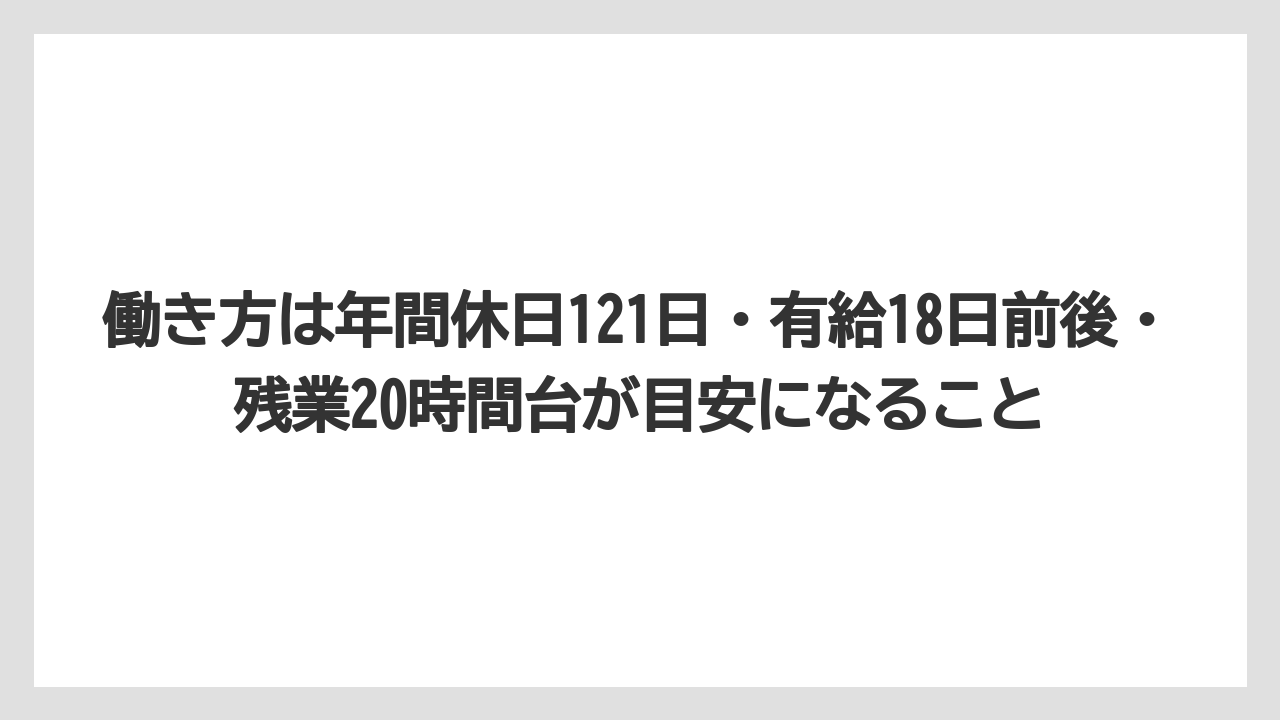 働き方は年間休日121日・有給18日前後・残業20時間台が目安になること