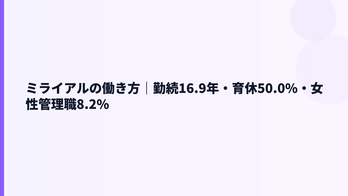 ミライアルの働き方｜勤続16.9年・育休50.0%・女性管理職8.2%