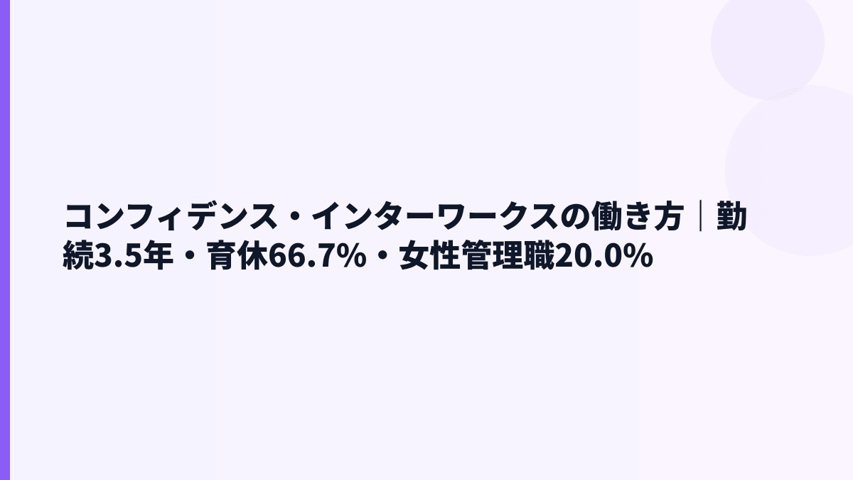 コンフィデンス・インターワークスの働き方｜勤続3.5年・育休66.7%・女性管理職20.0%