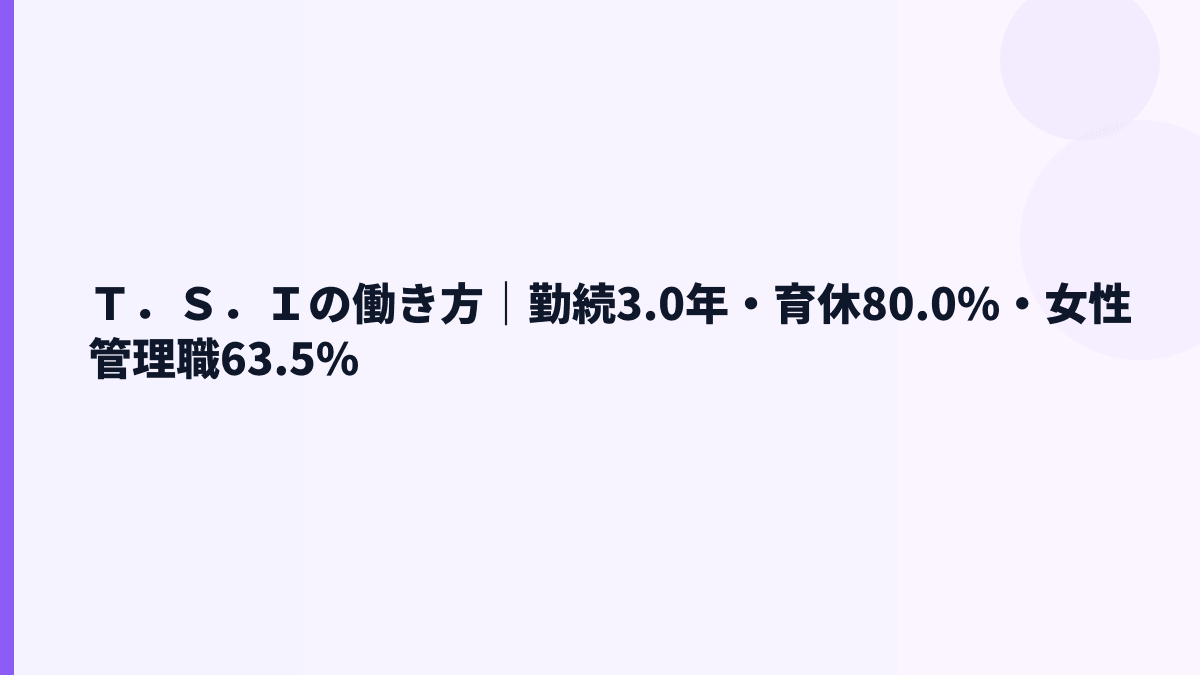 Ｔ．Ｓ．Ｉの働き方｜勤続3.0年・育休80.0%・女性管理職63.5%